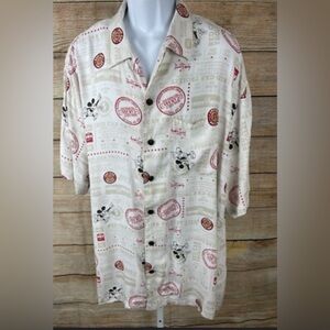 Mickey Mouse Red Car Trolley Disney Parks Button Down Shirt Made in USA Size XL